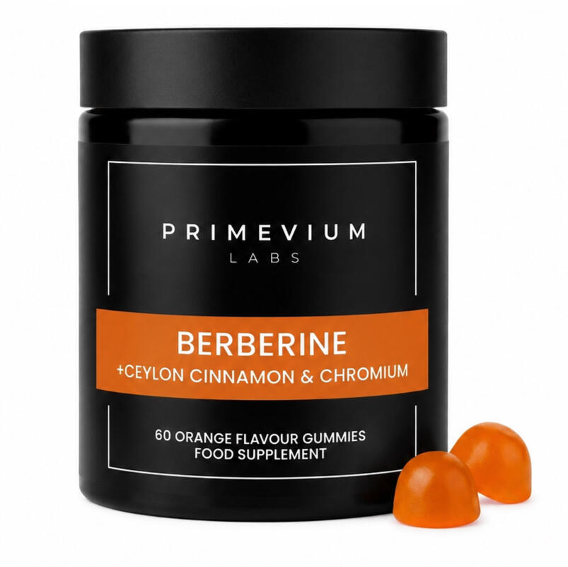 BERBERINE Primevium Labs Berberine gummies jar styled against a clean, neutral wellness background.