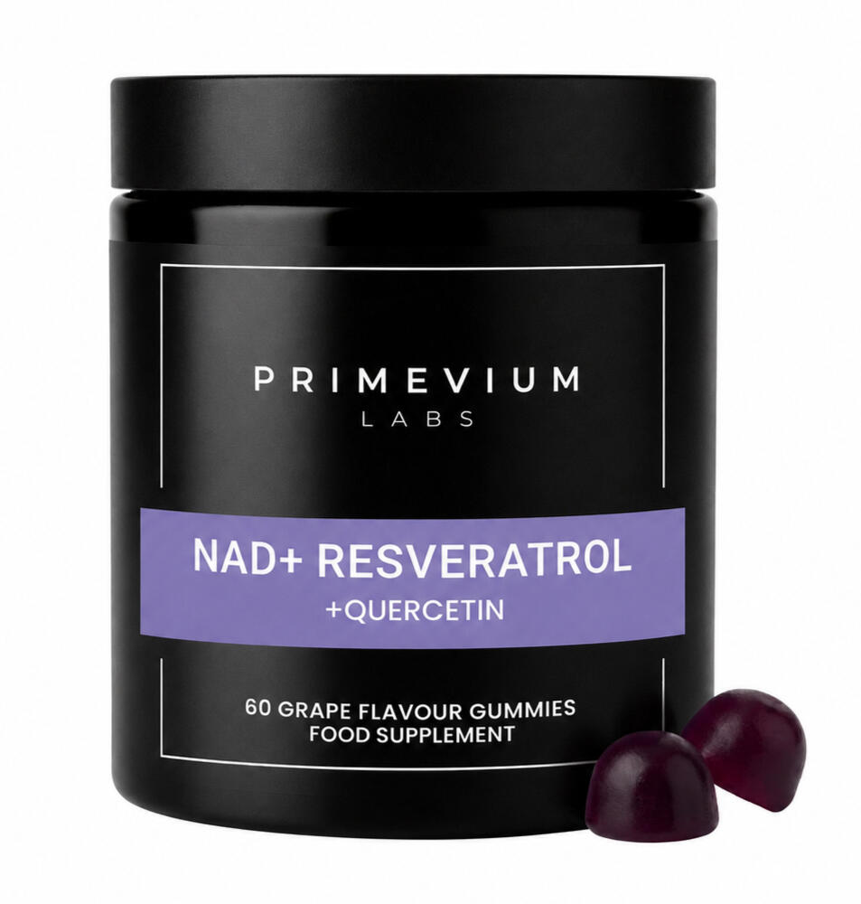 NAD+ RESVERATROL Primevium Labs NAD+ gummies jar styled against a clean, neutral wellness background.